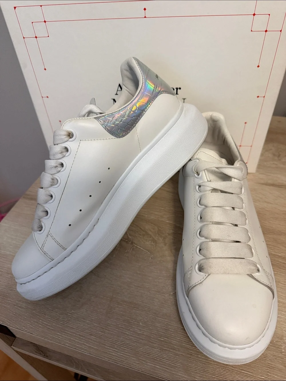 Alexander McQueen Larry White Platform Sneakers with Iridescent Heel Size 8.5